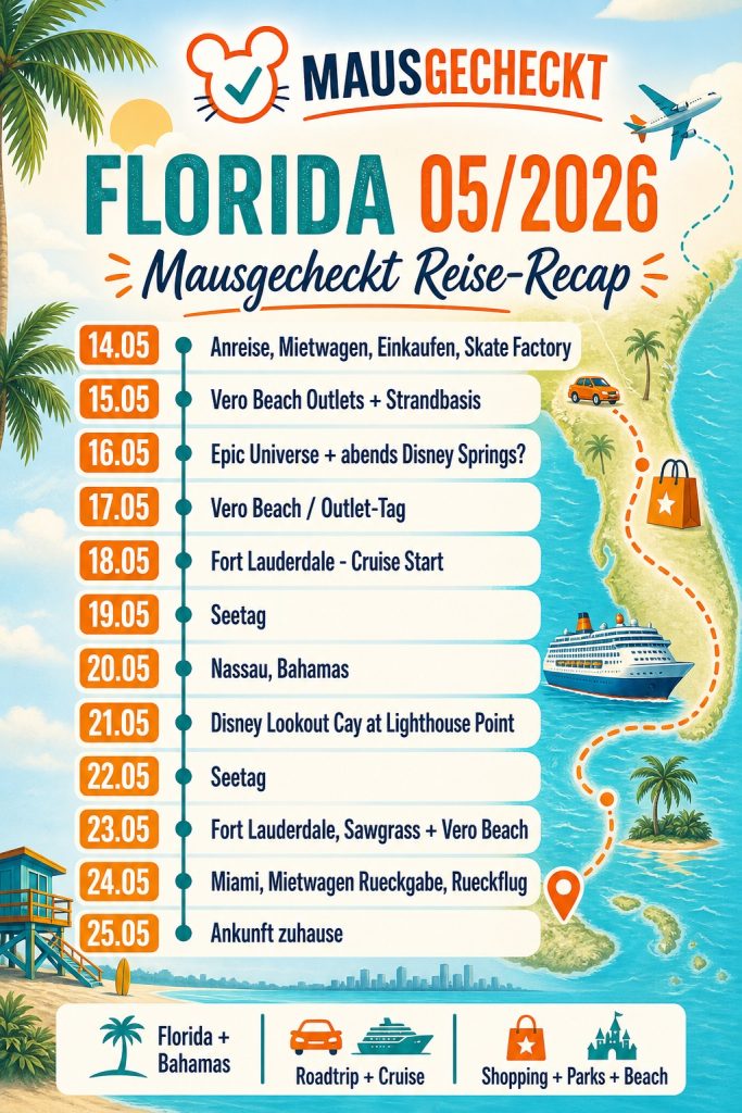 Reiseübersicht Florida im Mai 2026 mit Tagesplan für Vero Beach, Epic Universe und die Disney-Kreuzfahrt