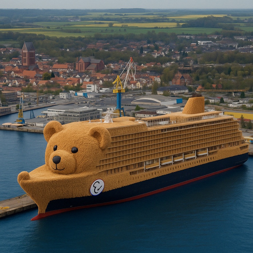 Bärenförmiges Schiffsmotiv auf dem Rumpf eines Kreuzfahrtschiffs in Wismar